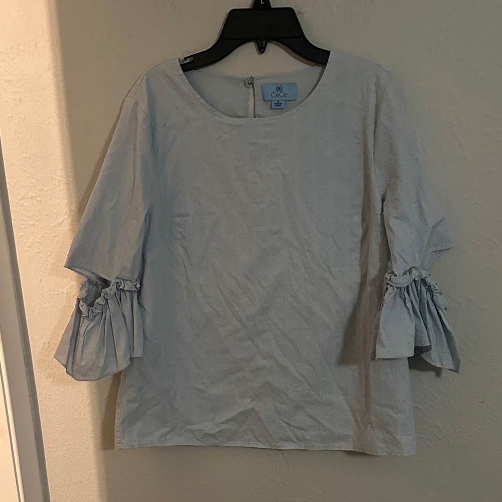 CeCe Light Blue Ruffle-Sleeve Textured Blouse - Picture 1 of 6